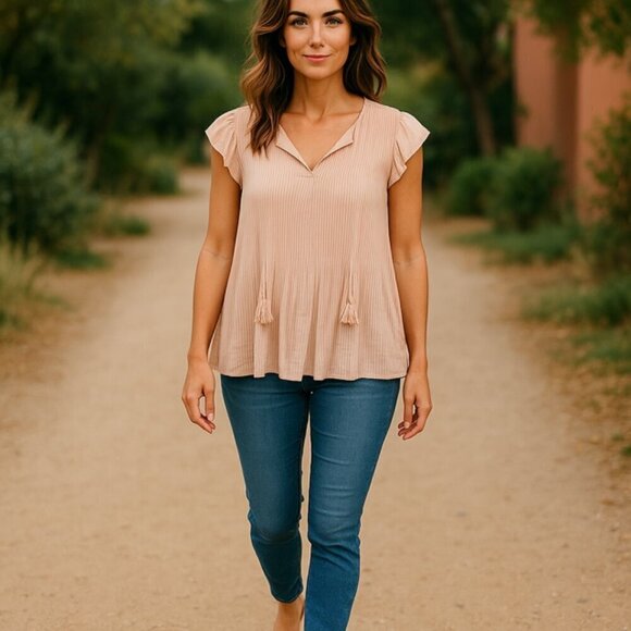 Valerie Stevens Tops - Valerie Stevens Women's Large Blouse Pink Flutter Sleeves V-Neck Faux Drawstring